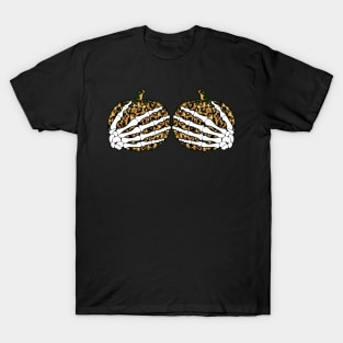 Funny Halloween Shirts For Women Pumpkin  Skeleton Hands On Boobs Leopard T-Shirt